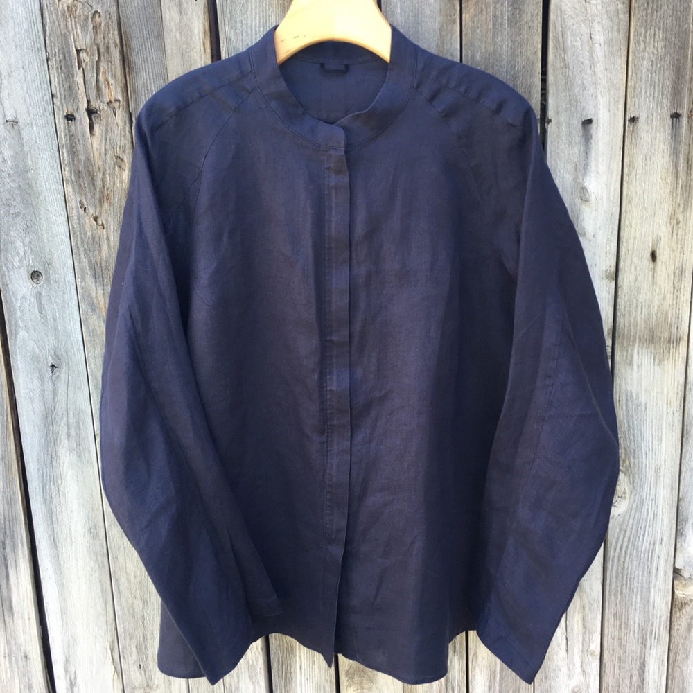 About Design Corp Linen Tunic Blouse Shirt Navy Blue 12